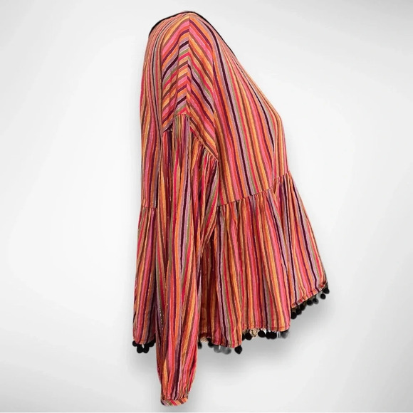 AMARYLLIS Women's Colorful Striped Long Sleeve Top With Pom Pom Trim Small | EUC - Picture 3 of 5
